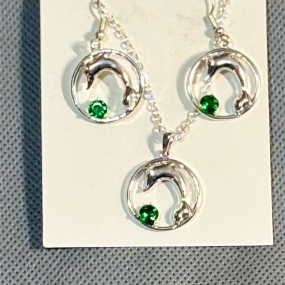 Silver Dolphin Jewelry Set with Green Rhinestones
